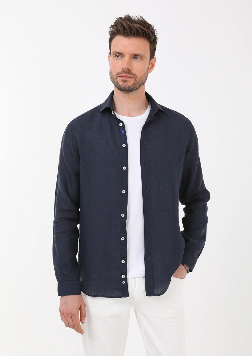 Lacivert Düz Regular Fit Dokuma Casual %100 Keten Gömlek - 1