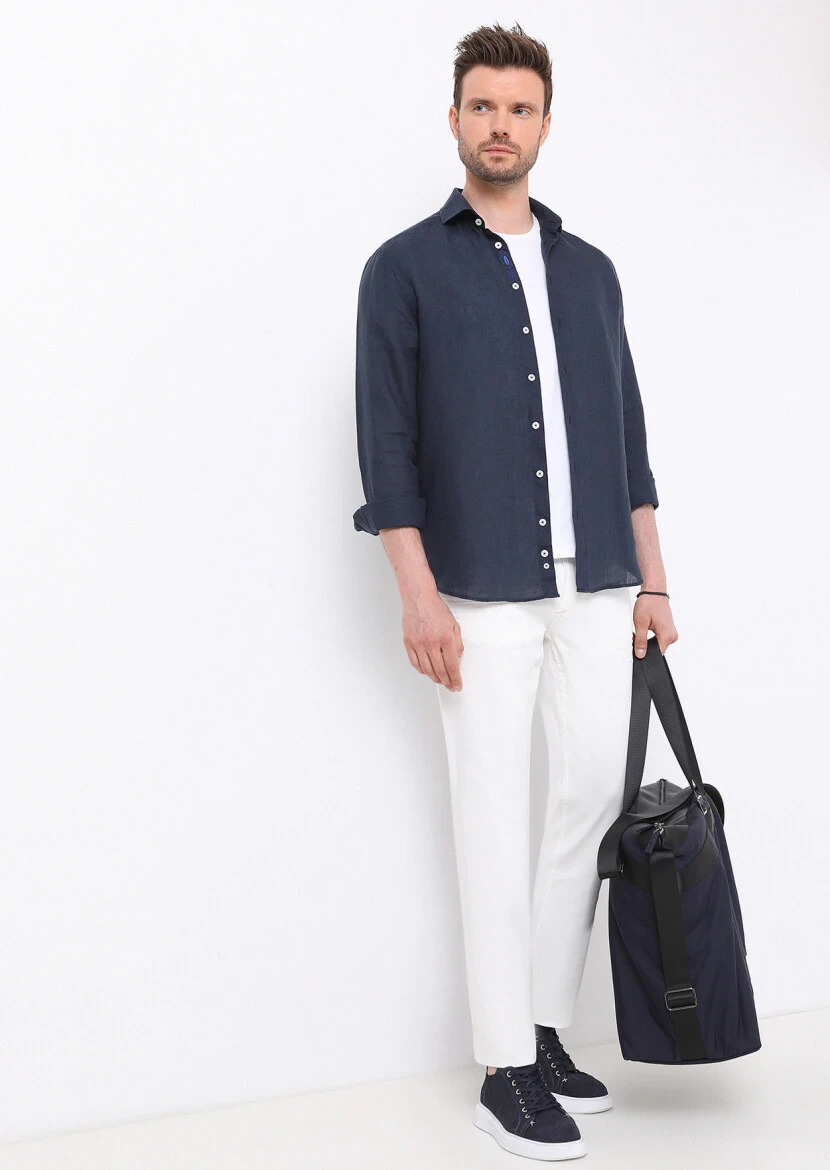 Lacivert Düz Regular Fit Dokuma Casual %100 Keten Gömlek 