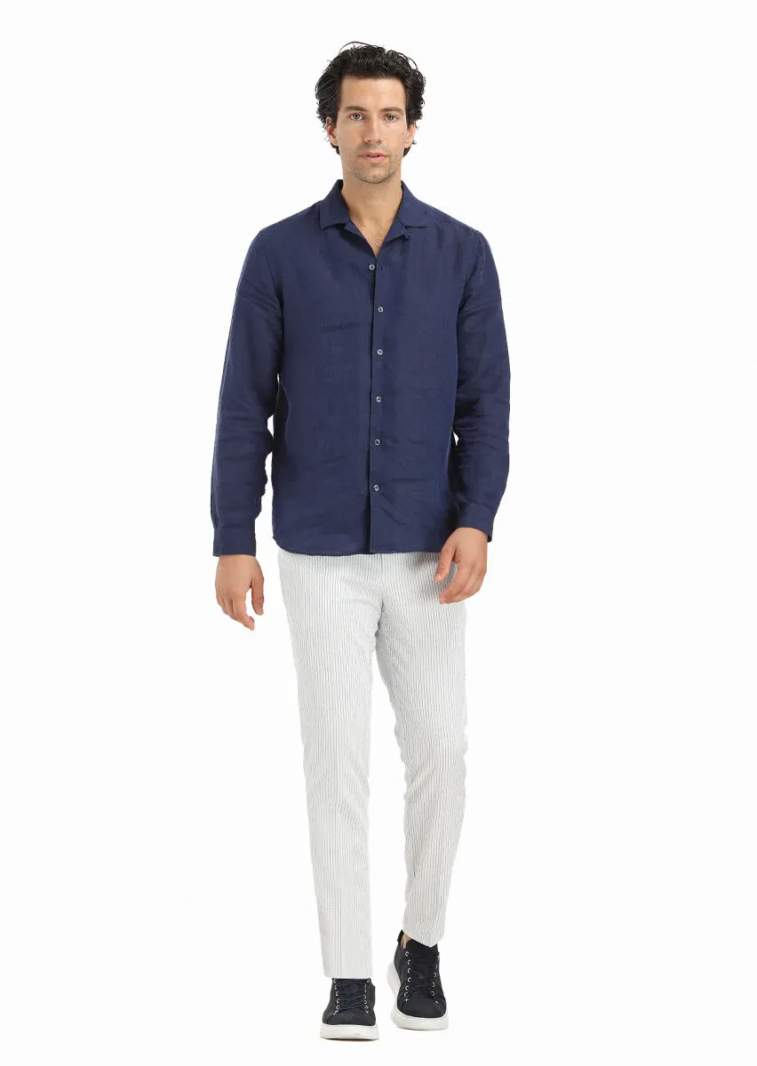 Lacivert Düz Regular Fit Dokuma Casual %100 Keten Gömlek - 1