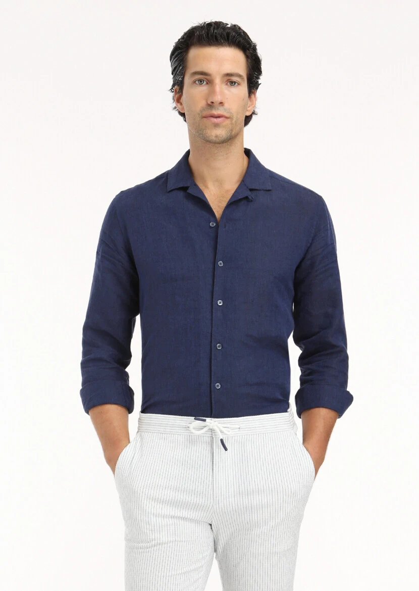 Lacivert Düz Regular Fit Dokuma Casual %100 Keten Gömlek - 3