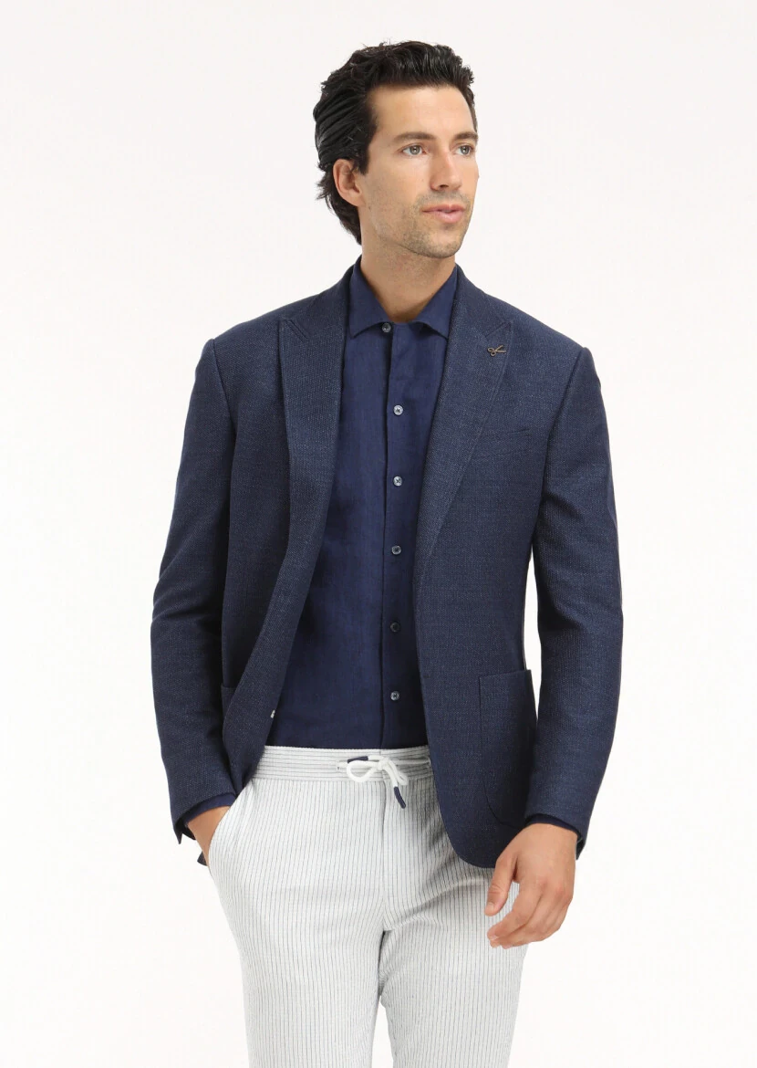 Lacivert Düz Regular Fit Dokuma Casual %100 Keten Gömlek - 4