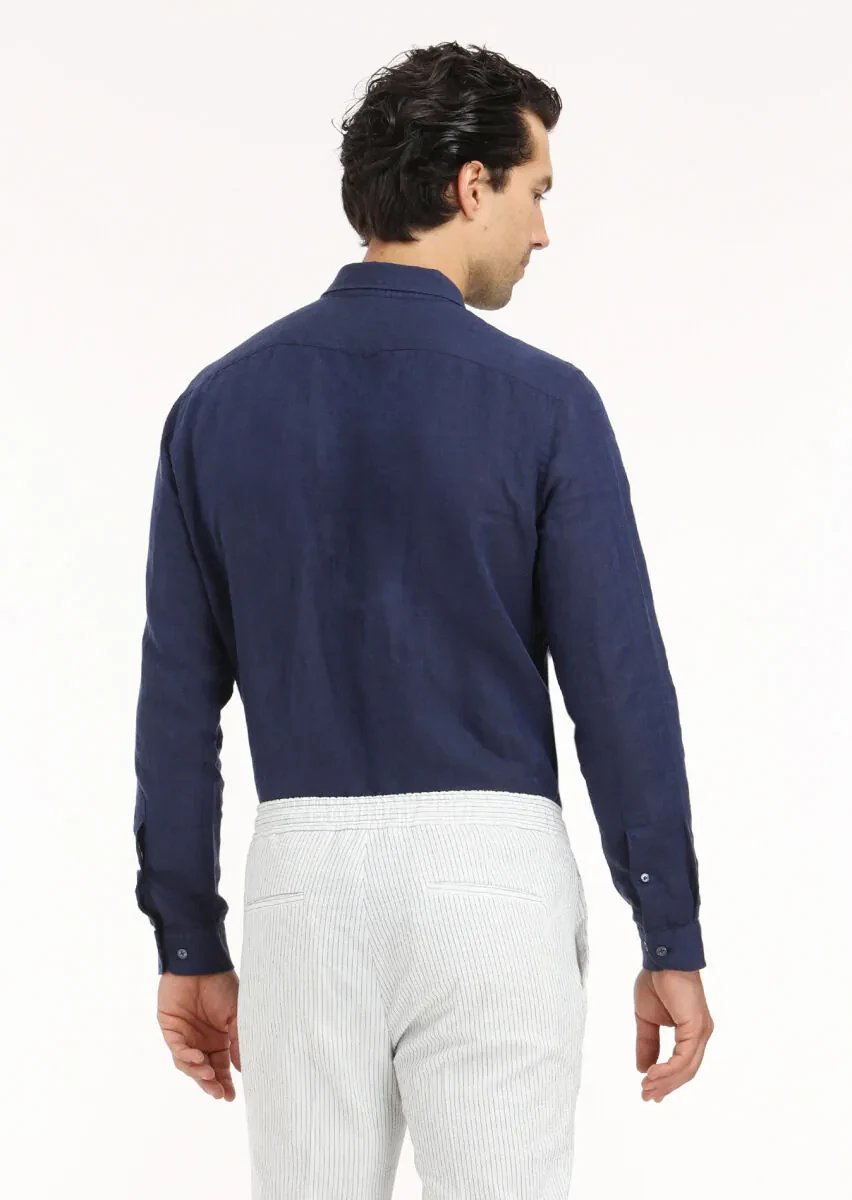 Lacivert Düz Regular Fit Dokuma Casual %100 Keten Gömlek - 5