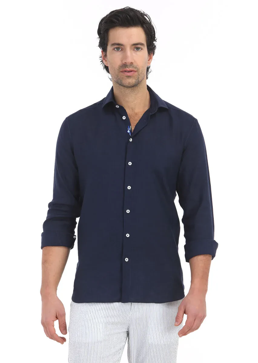 Lacivert Düz Regular Fit Dokuma Casual %100 Keten Gömlek - 2