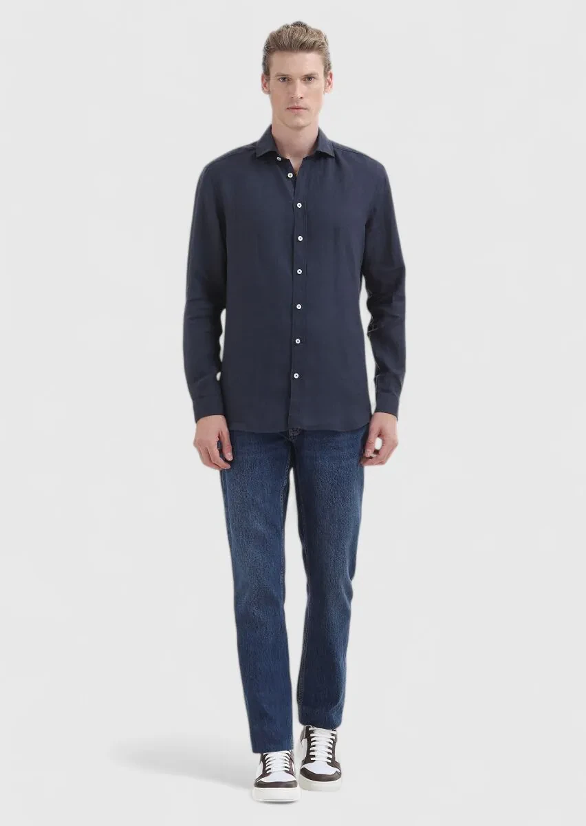 Lacivert Düz Regular Fit Dokuma Casual %100 Keten Gömlek - 1