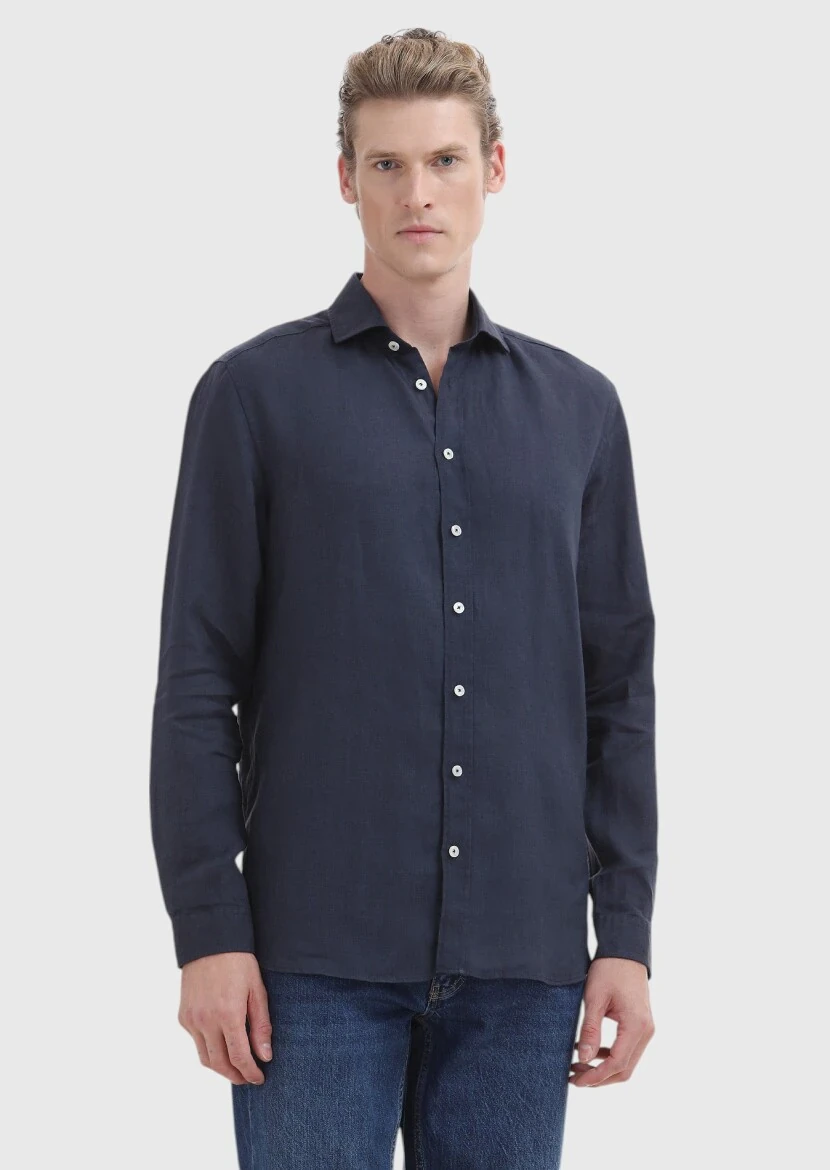 Lacivert Düz Regular Fit Dokuma Casual %100 Keten Gömlek - 2