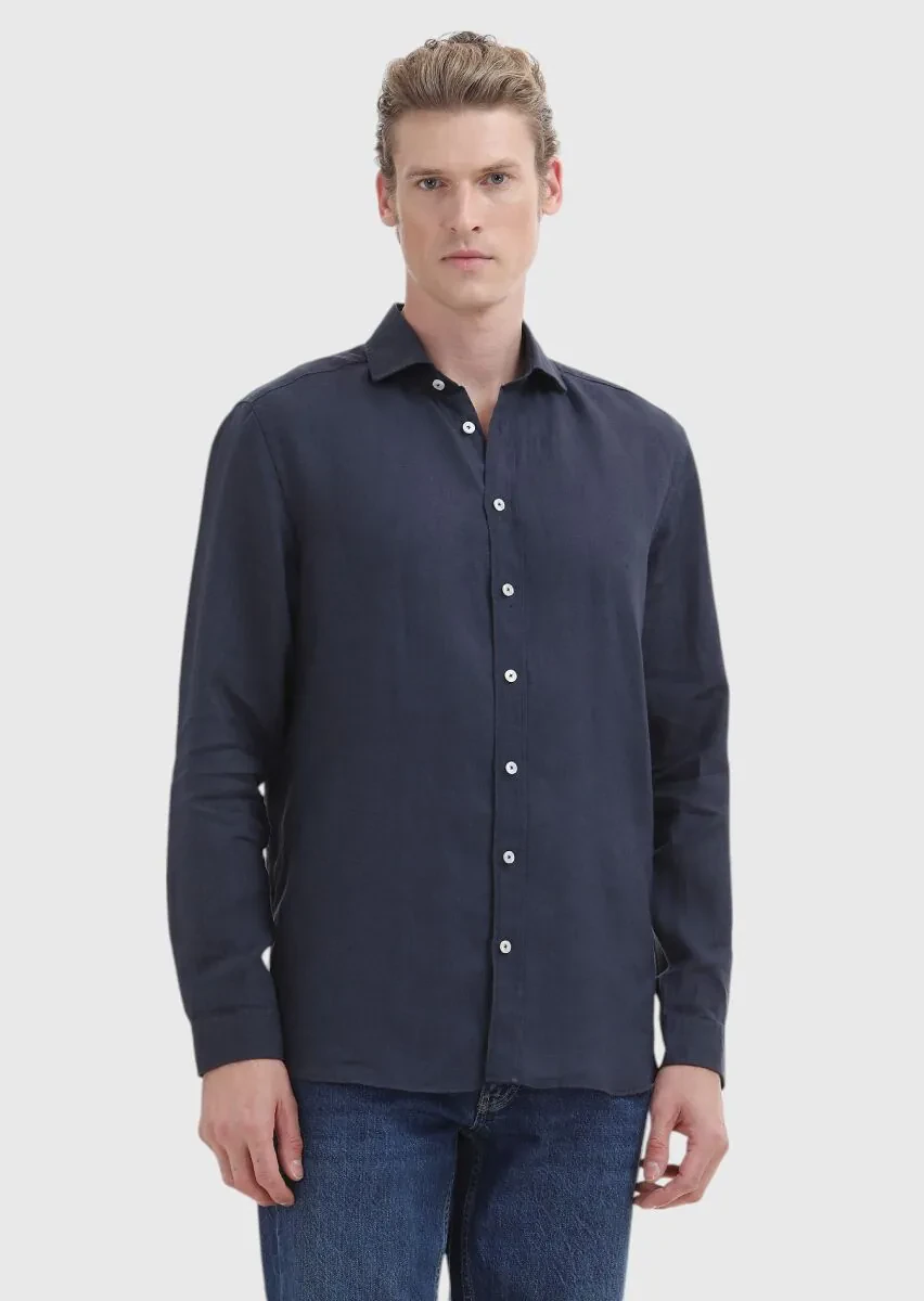 Lacivert Düz Regular Fit Dokuma Casual %100 Keten Gömlek - 2