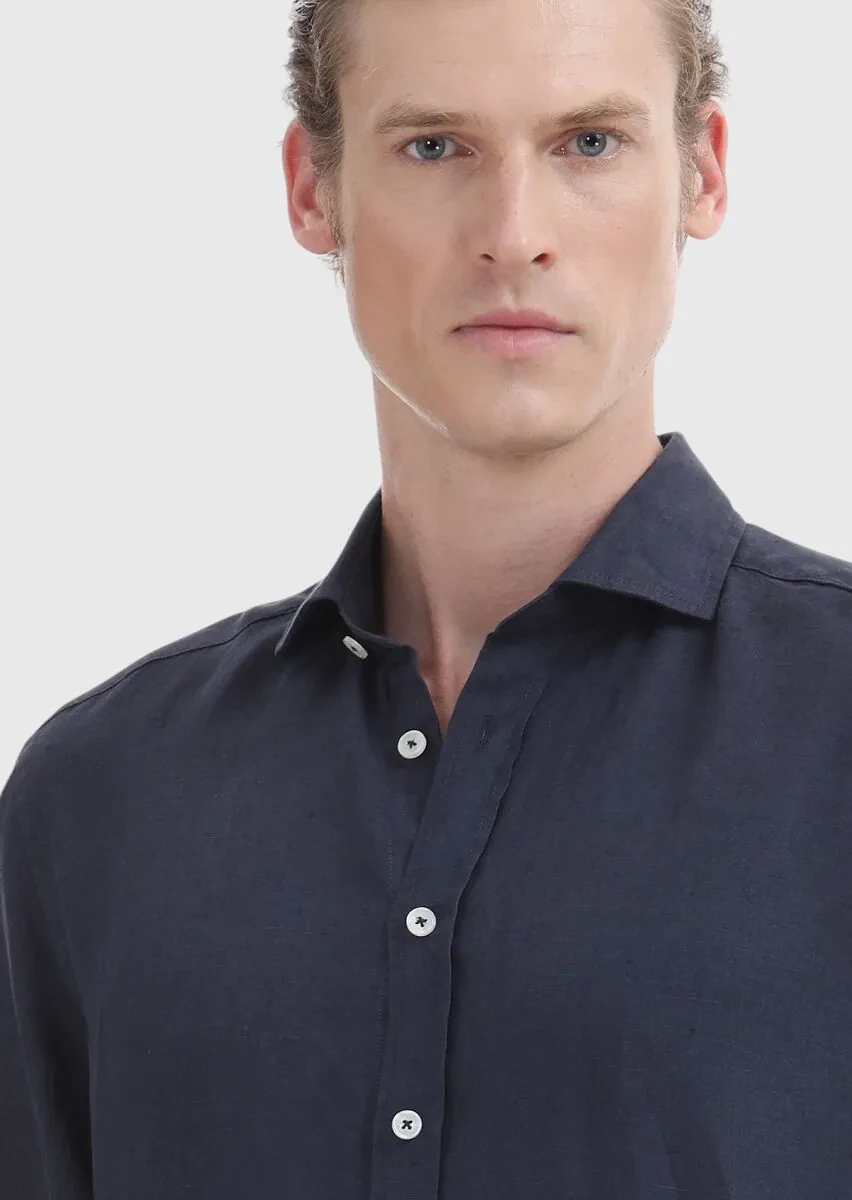 Lacivert Düz Regular Fit Dokuma Casual %100 Keten Gömlek - 3