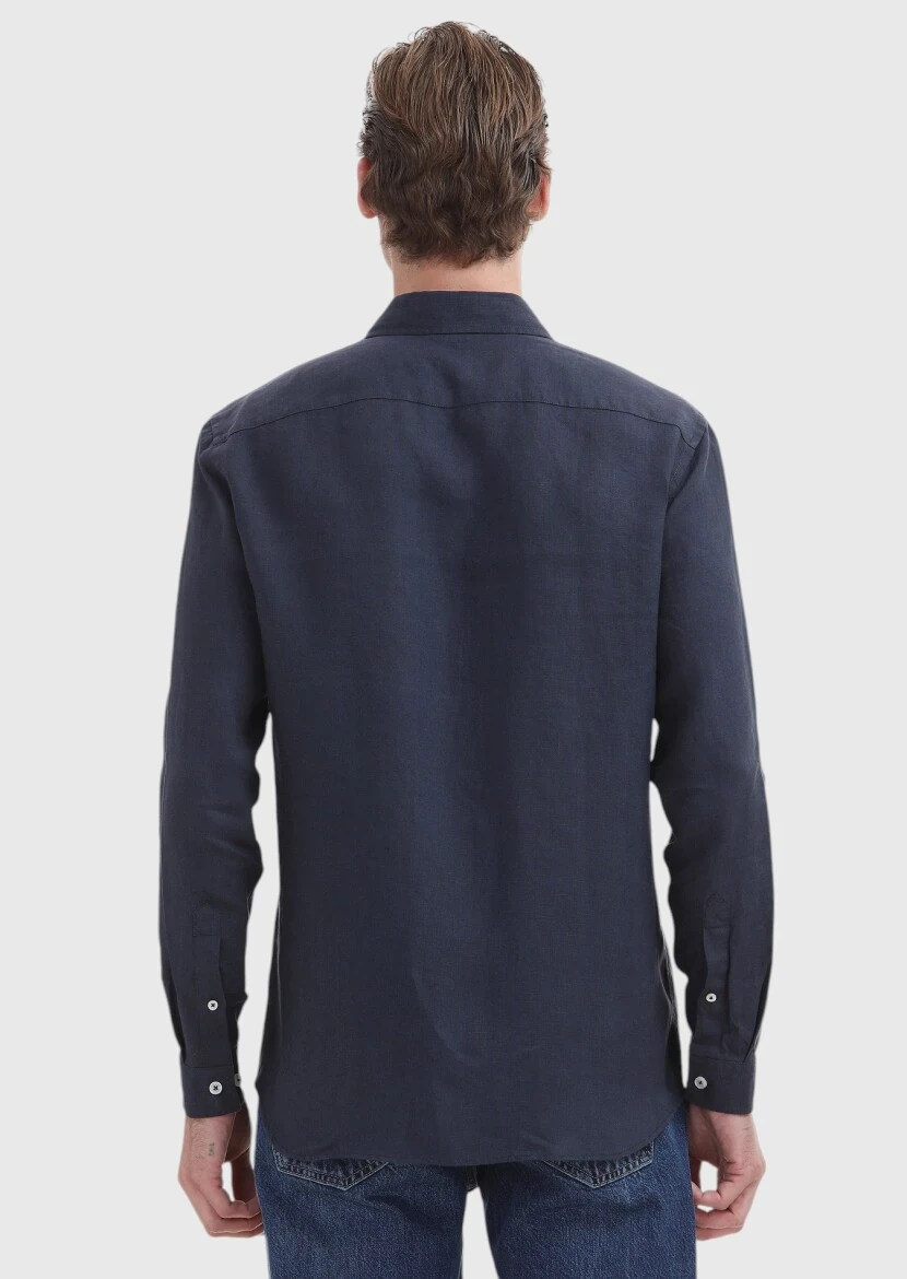 Lacivert Düz Regular Fit Dokuma Casual %100 Keten Gömlek - 4