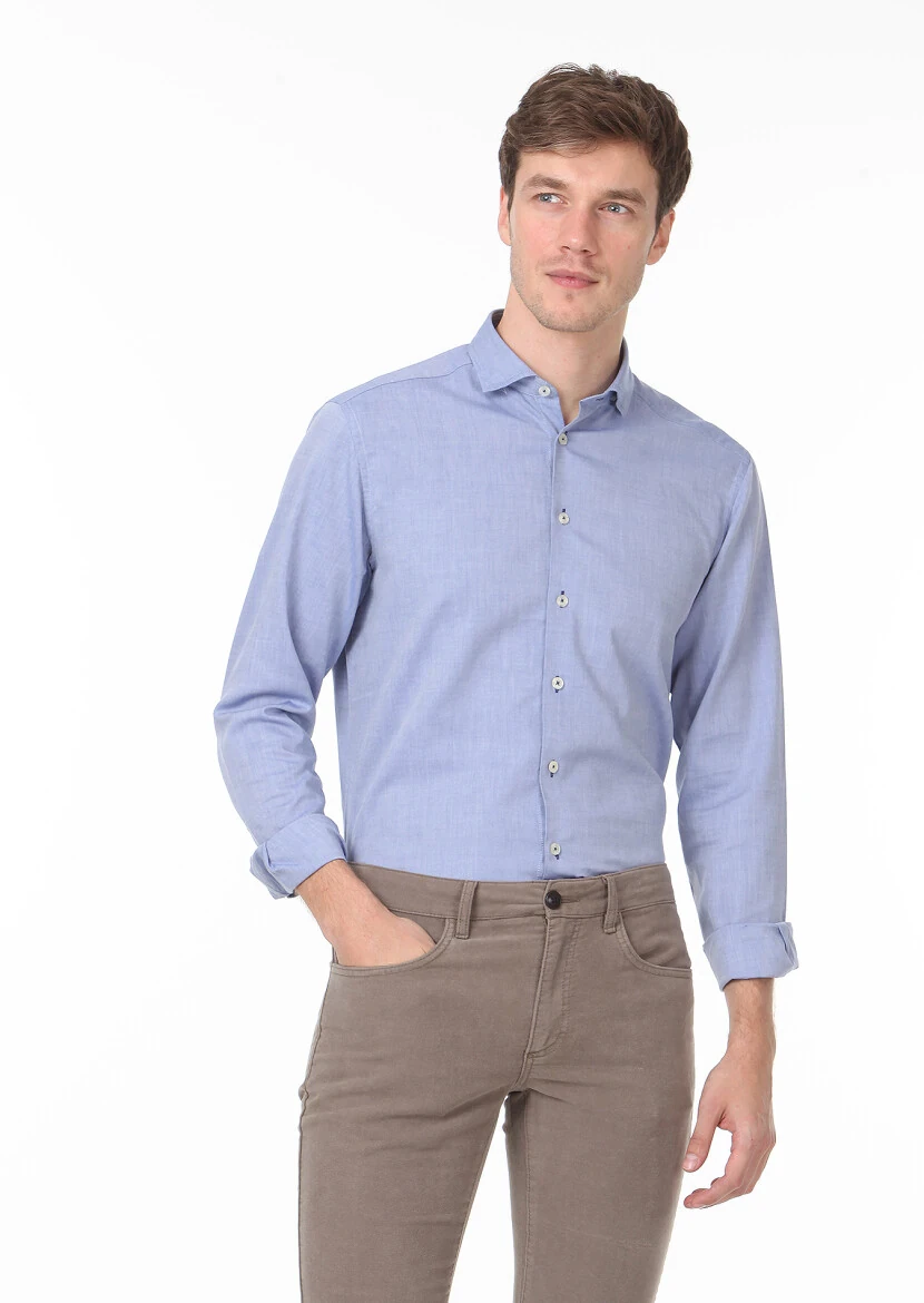 Lacivert Düz Regular Fit Dokuma Casual %100 Pamuk Gömlek - 1