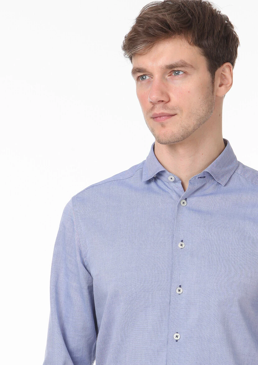 Lacivert Düz Regular Fit Dokuma Casual %100 Pamuk Gömlek - 2