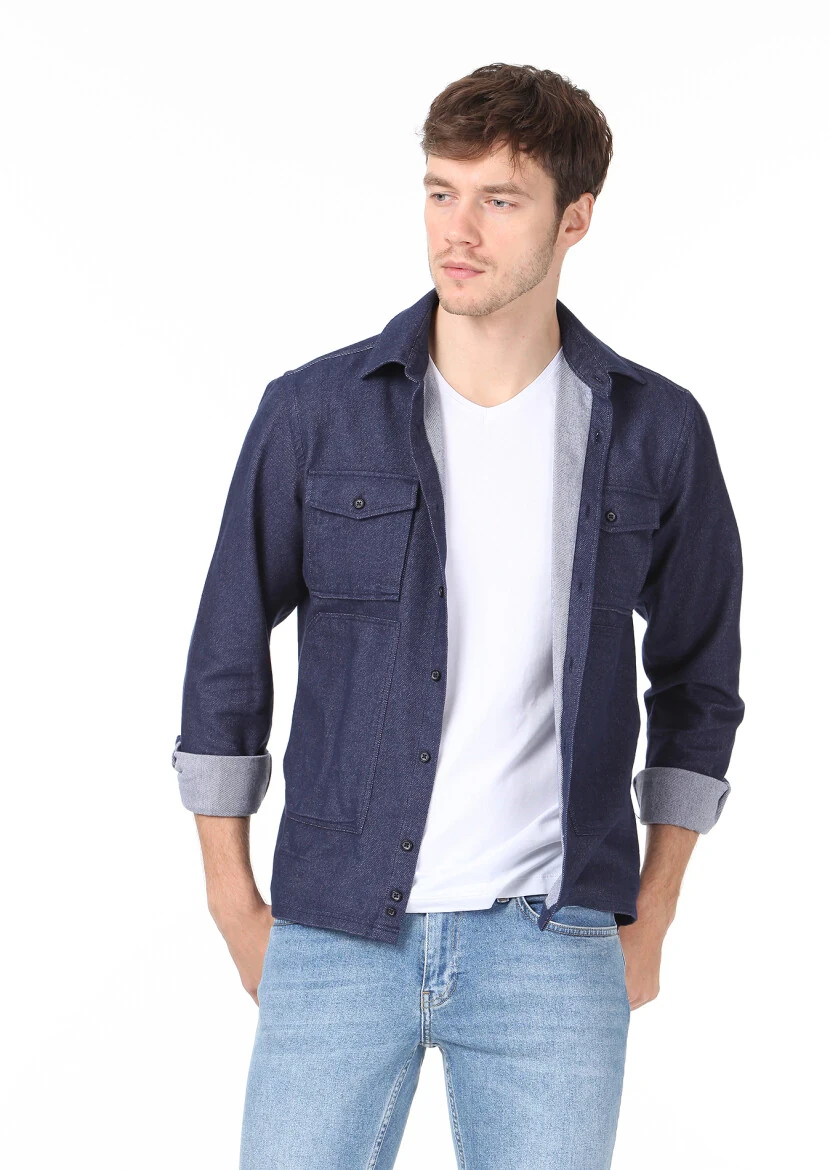 Lacivert Düz Regular Fit Dokuma Casual %100 Pamuk Gömlek - 1