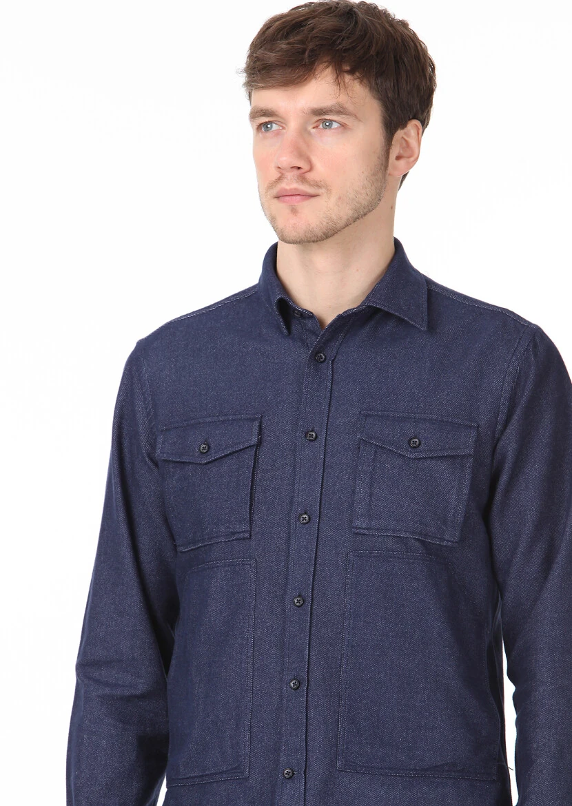 Lacivert Düz Regular Fit Dokuma Casual %100 Pamuk Gömlek - 2