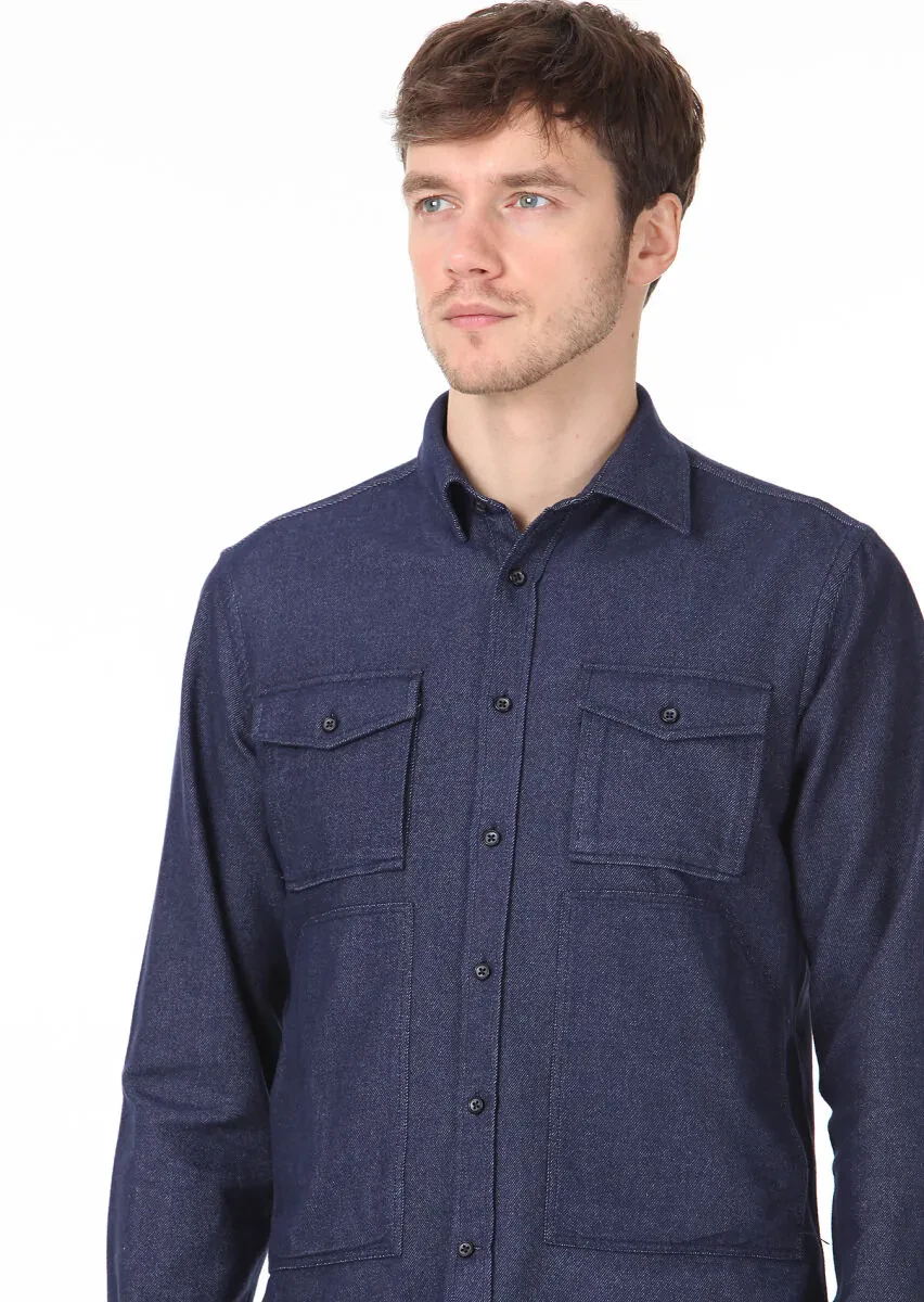 Lacivert Düz Regular Fit Dokuma Casual %100 Pamuk Gömlek - 2