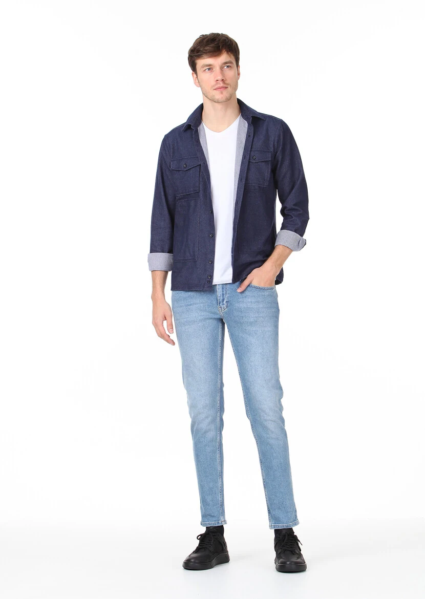 Lacivert Düz Regular Fit Dokuma Casual %100 Pamuk Gömlek - 3