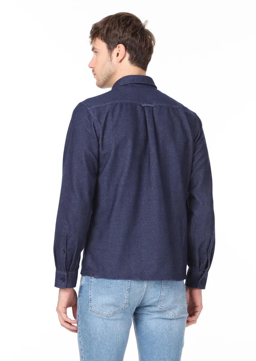 Lacivert Düz Regular Fit Dokuma Casual %100 Pamuk Gömlek - 4