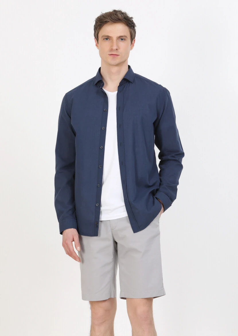 Lacivert Düz Regular Fit Dokuma Casual %100 Pamuk Gömlek - 1