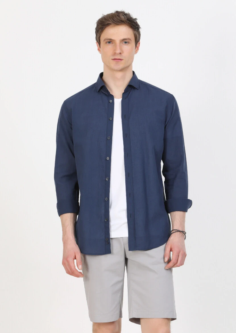 Lacivert Düz Regular Fit Dokuma Casual %100 Pamuk Gömlek 