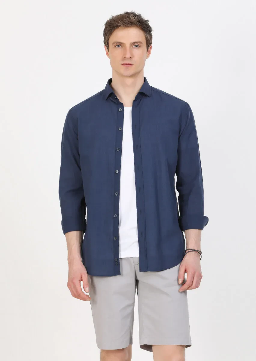 Lacivert Düz Regular Fit Dokuma Casual %100 Pamuk Gömlek - 2