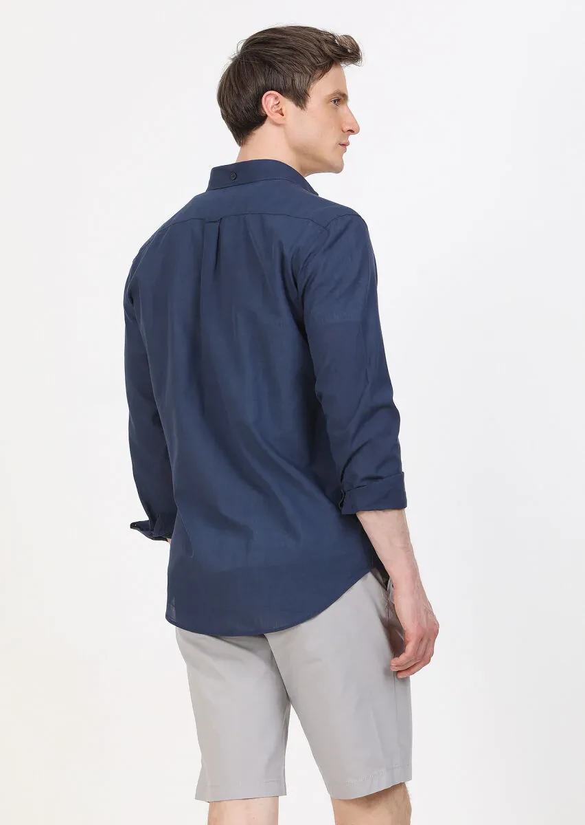Lacivert Düz Regular Fit Dokuma Casual %100 Pamuk Gömlek - 5