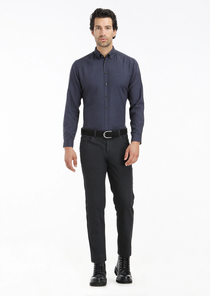 Lacivert Düz Regular Fit Dokuma Casual %100 Pamuk Gömlek - 1