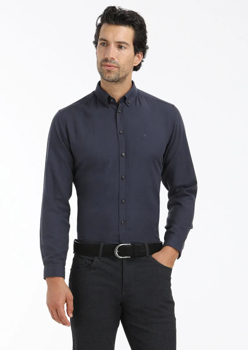 Lacivert Düz Regular Fit Dokuma Casual %100 Pamuk Gömlek - 2