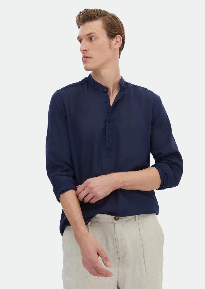 Lacivert Düz Regular Fit Dokuma Casual %100 Pamuk Gömlek - RAMSEY