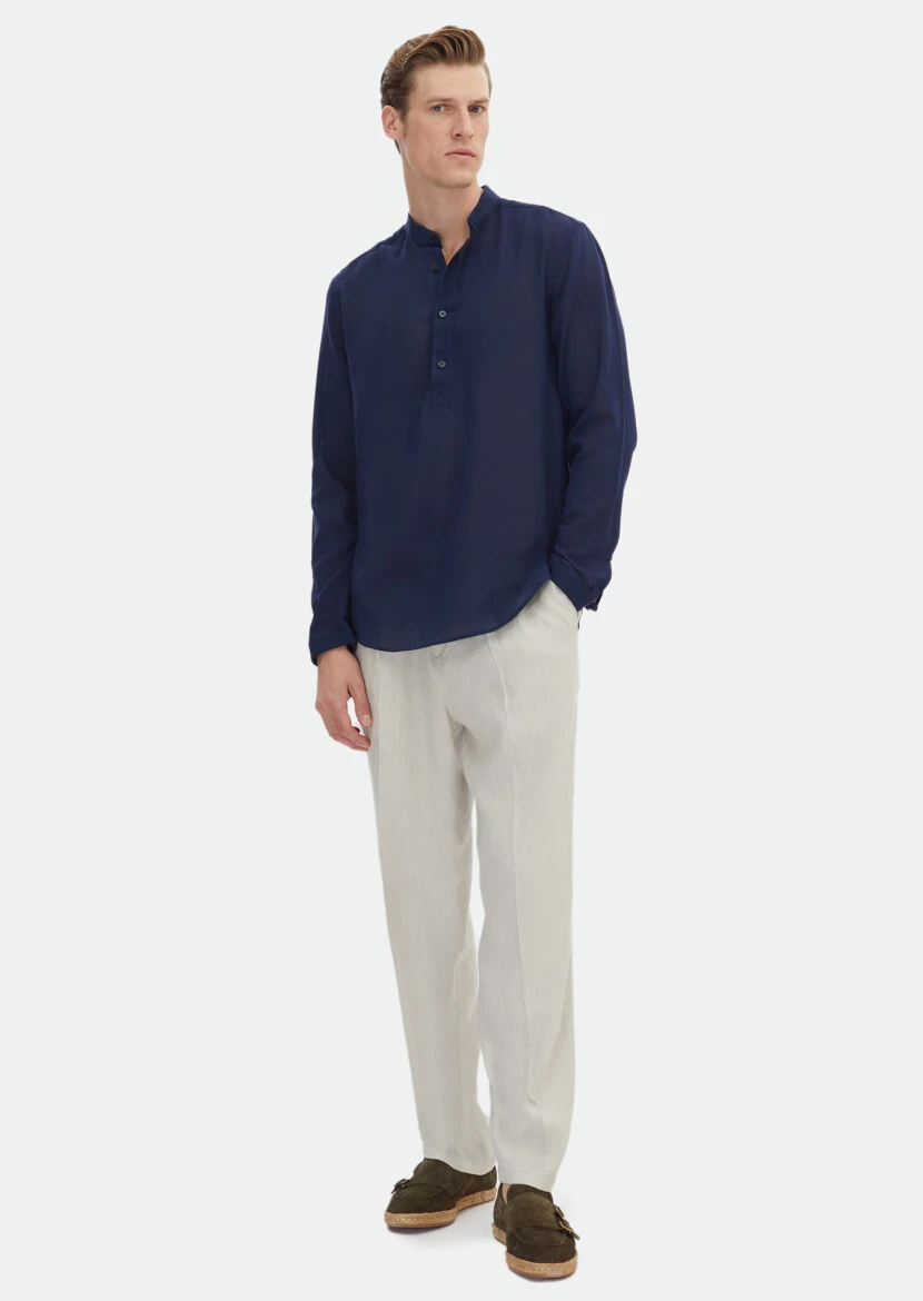 Lacivert Düz Regular Fit Dokuma Casual %100 Pamuk Gömlek - RAMSEY