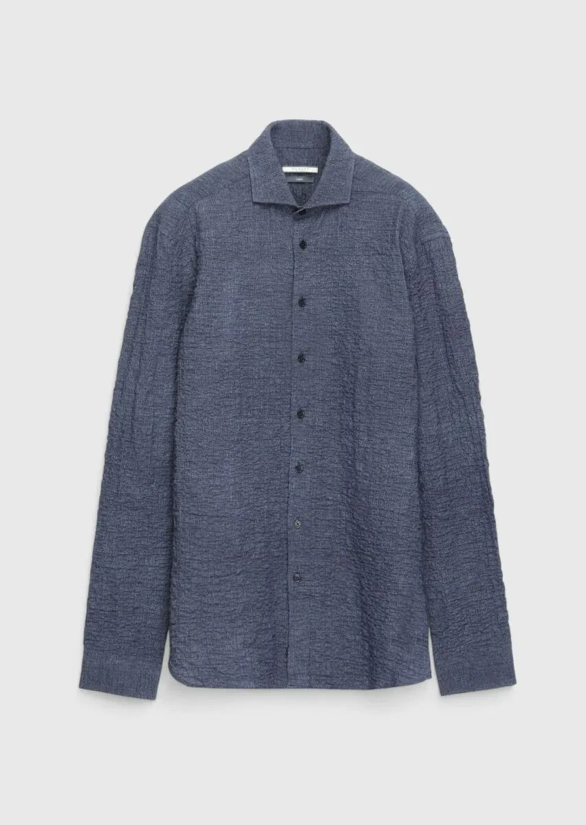 Lacivert Düz Regular Fit Dokuma Casual Pamuk Karışımlı Gömlek - 1