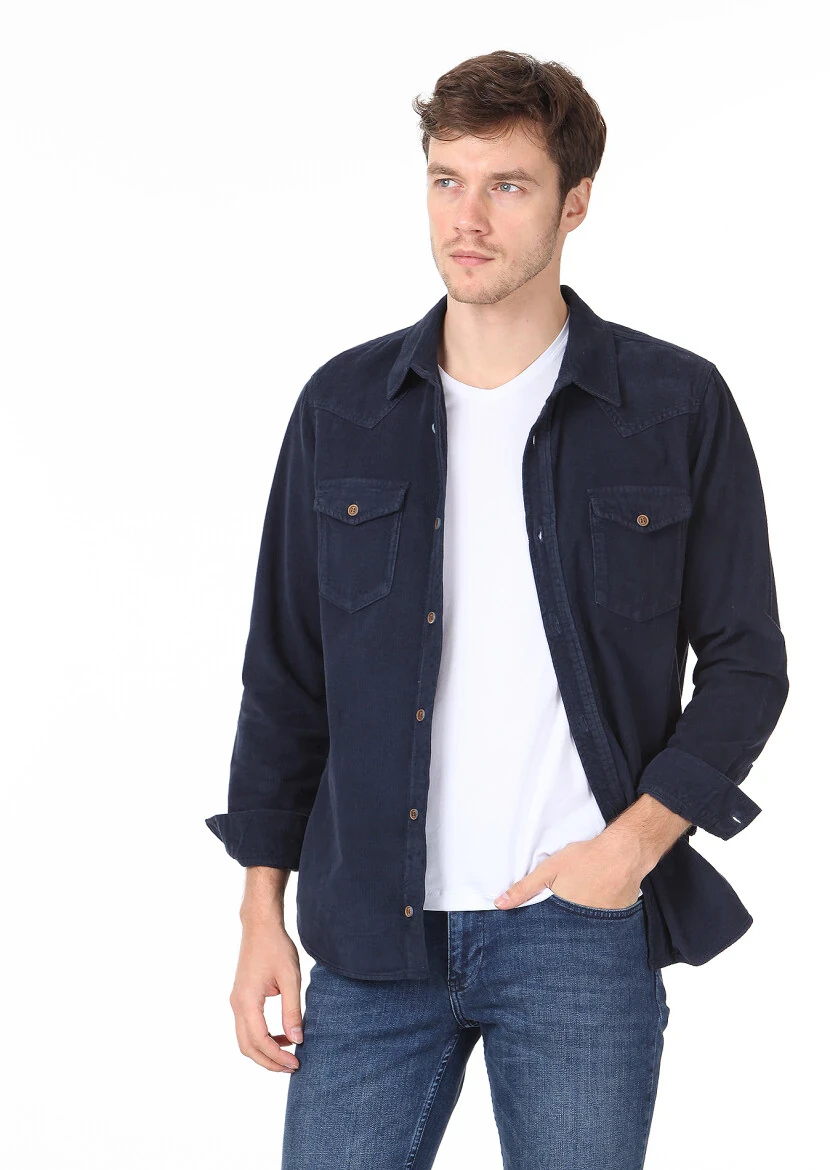 Lacivert Düz Regular Fit Dokuma Kadife Casual %100 Pamuk Gömlek - 1