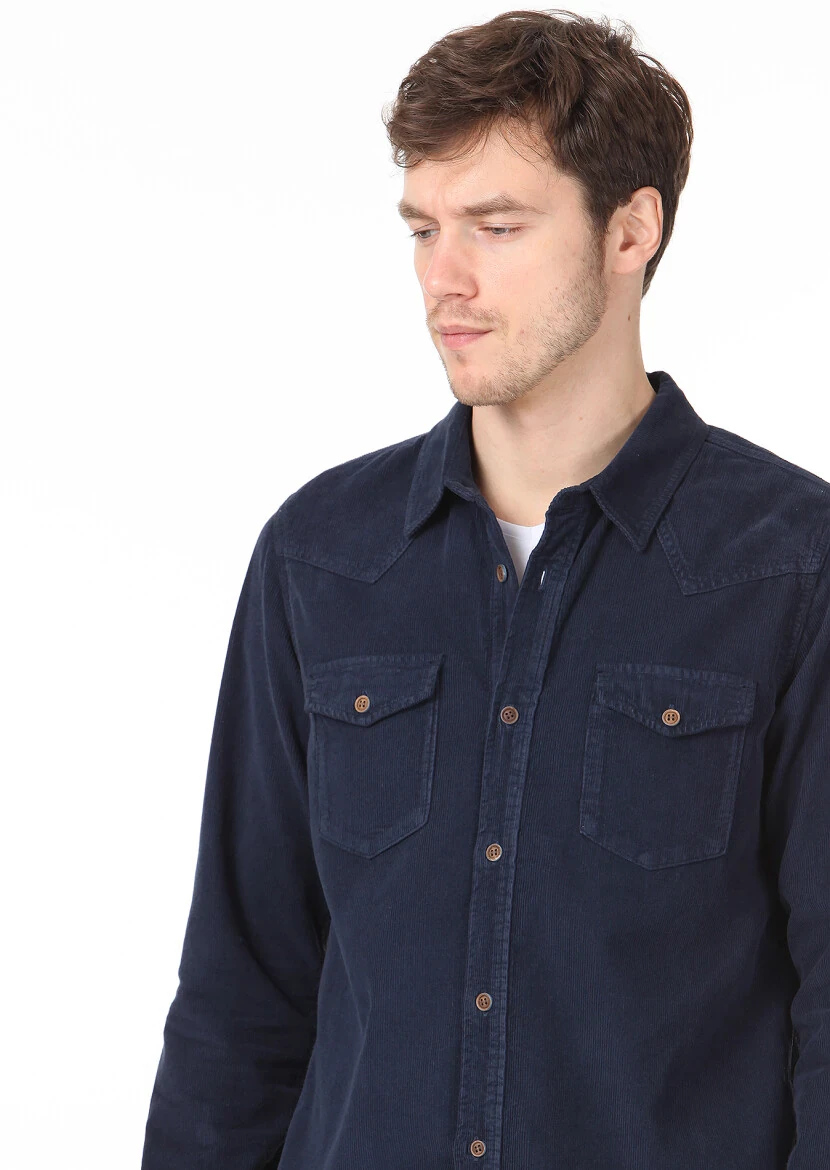 Lacivert Düz Regular Fit Dokuma Kadife Casual %100 Pamuk Gömlek - 2