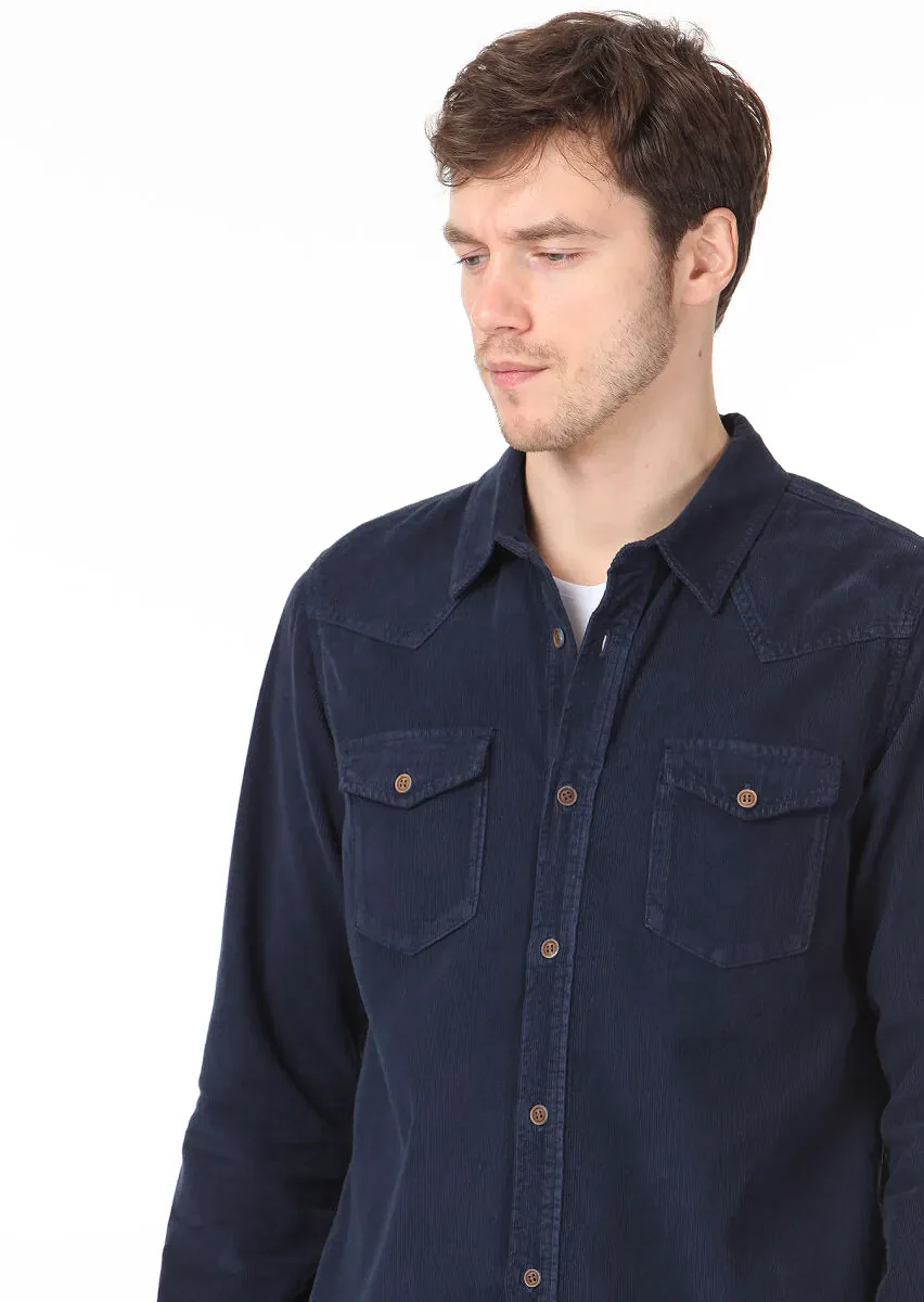 Lacivert Düz Regular Fit Dokuma Kadife Casual %100 Pamuk Gömlek - 2