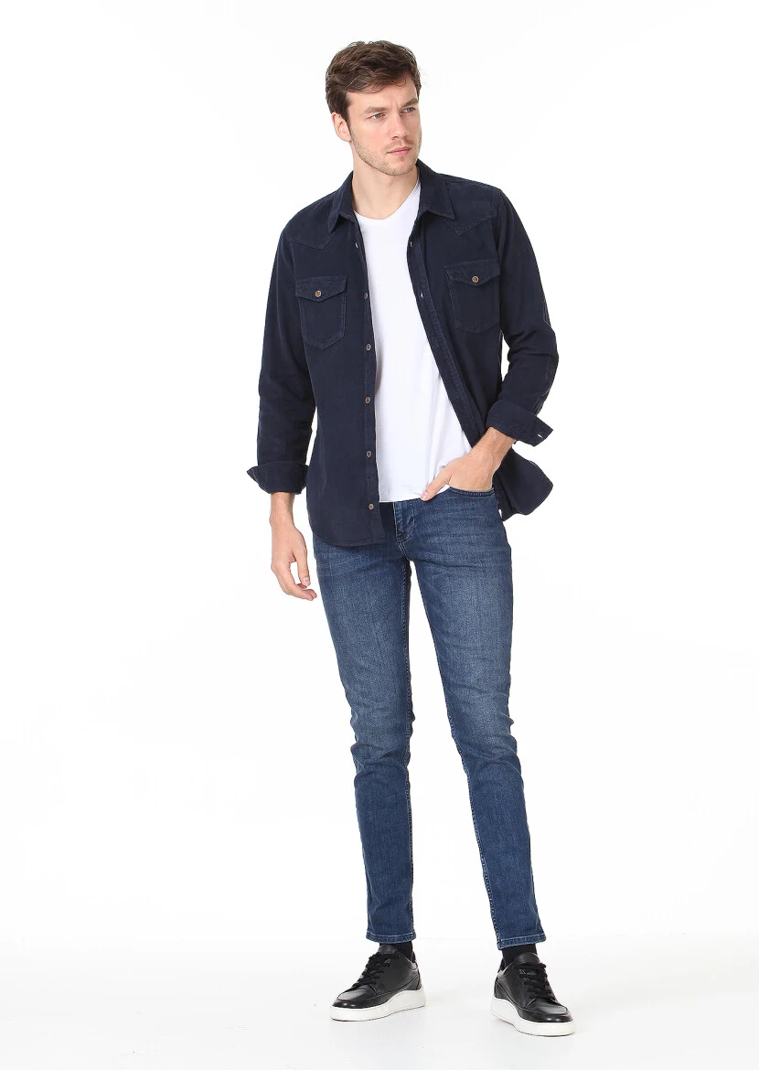 Lacivert Düz Regular Fit Dokuma Kadife Casual %100 Pamuk Gömlek - 3