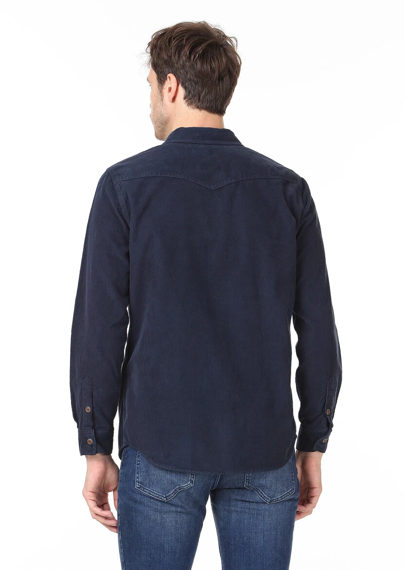 Lacivert Düz Regular Fit Dokuma Kadife Casual %100 Pamuk Gömlek - 4