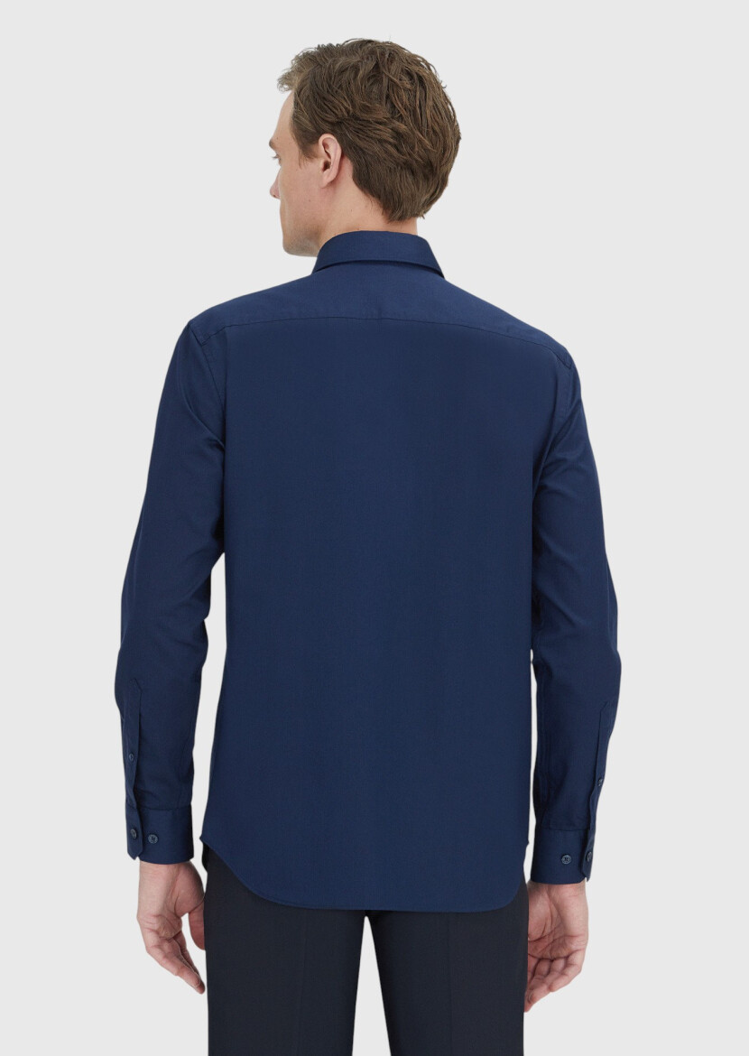 Lacivert Düz Regular Fit Dokuma Klasik %100 Pamuk Gömlek - 4