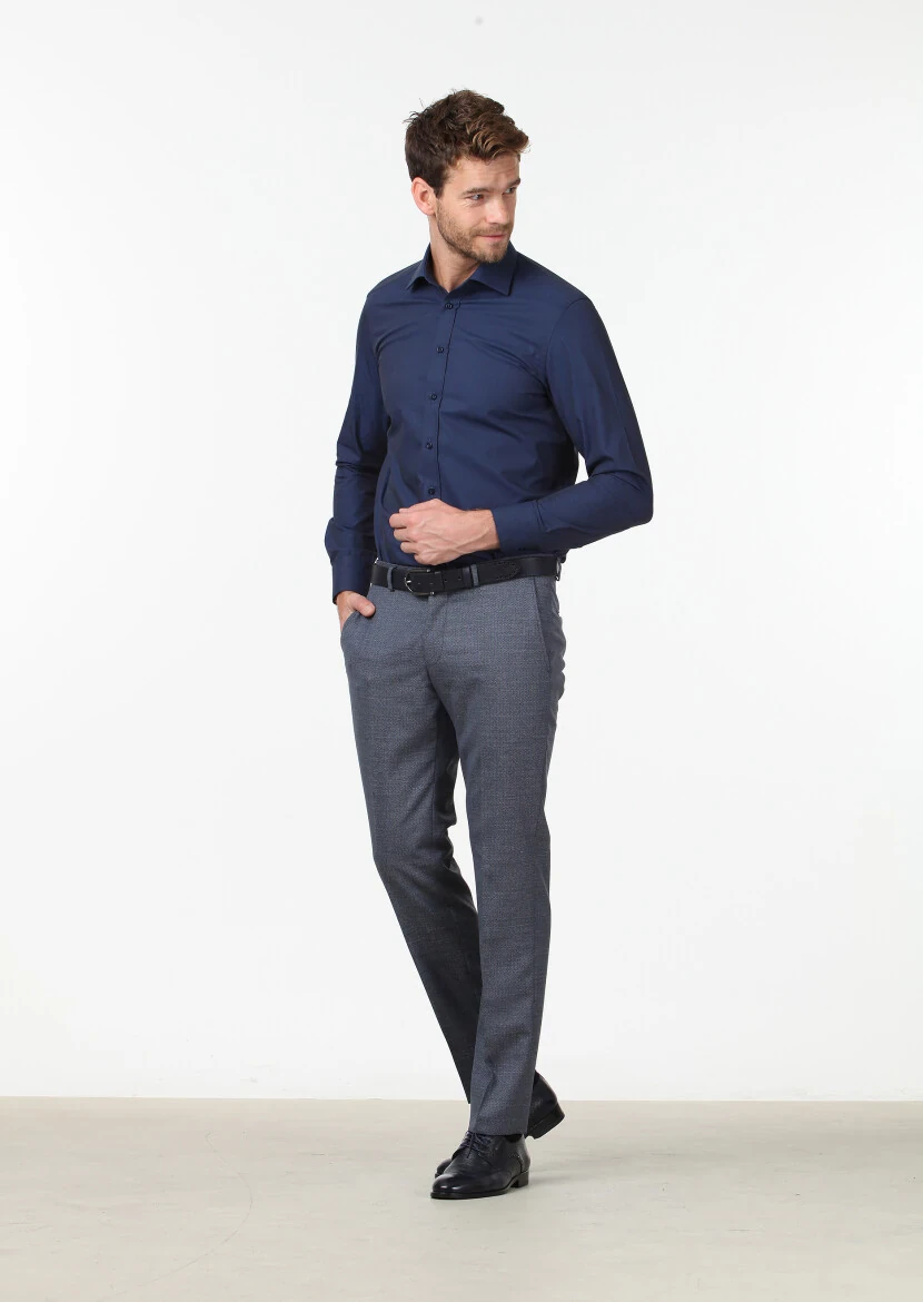 Lacivert Düz Regular Fit Dokuma Klasik Pamuk Karışımlı Gömlek - 2