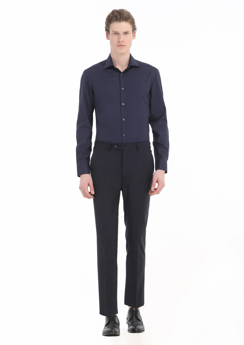 Lacivert Düz Regular Fit Dokuma Klasik Pamuk Karışımlı Gömlek - RAMSEY