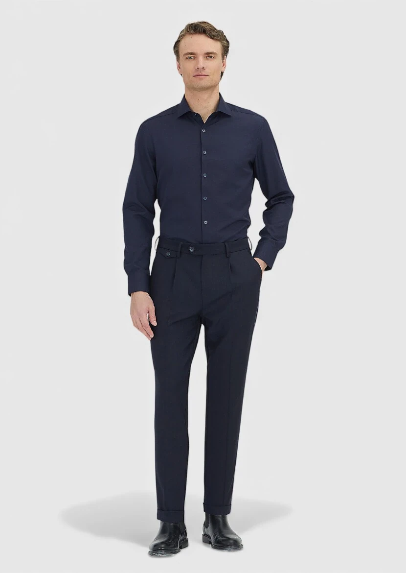 Lacivert Düz Regular Fit Dokuma Klasik Pamuk Karışımlı Gömlek 