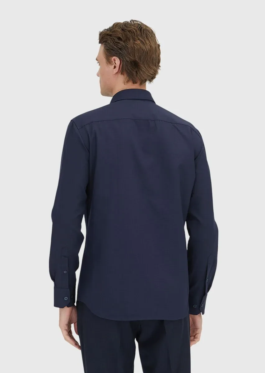 Lacivert Düz Regular Fit Dokuma Klasik Pamuk Karışımlı Gömlek - 5