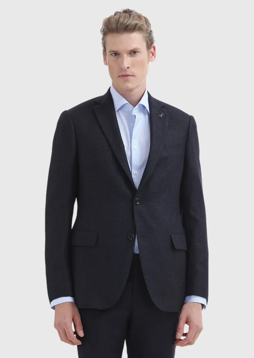 Lacivert Düz Regular Fit İpek Karışımlı Ceket - 2