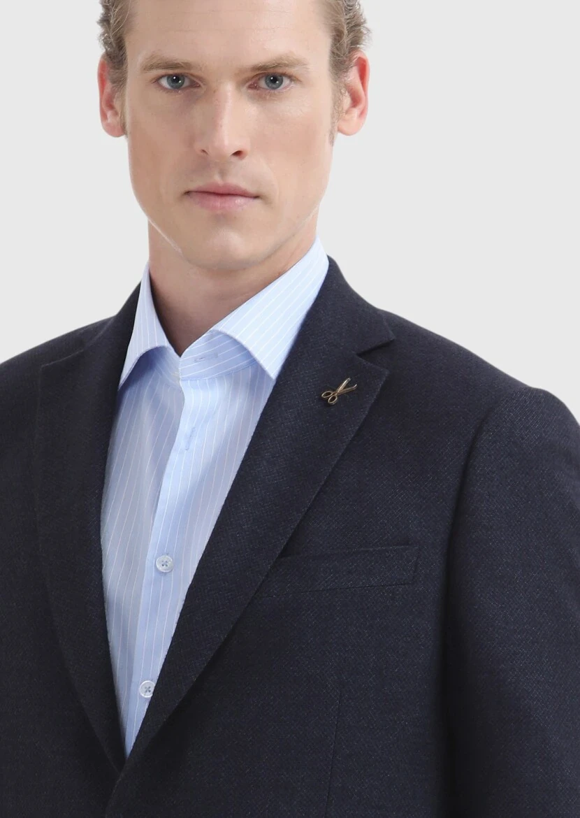 Lacivert Düz Regular Fit İpek Karışımlı Ceket - 3