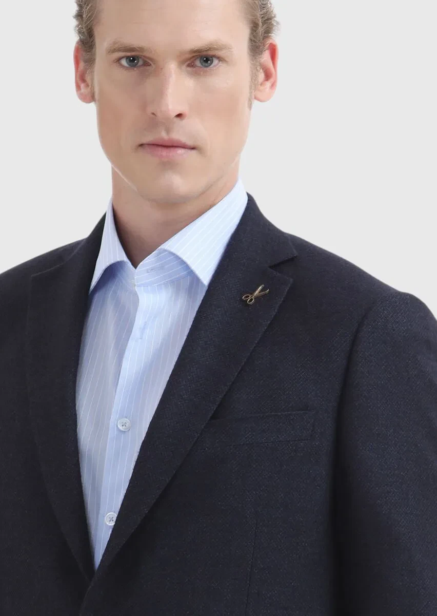 Lacivert Düz Regular Fit İpek Karışımlı Ceket - 3