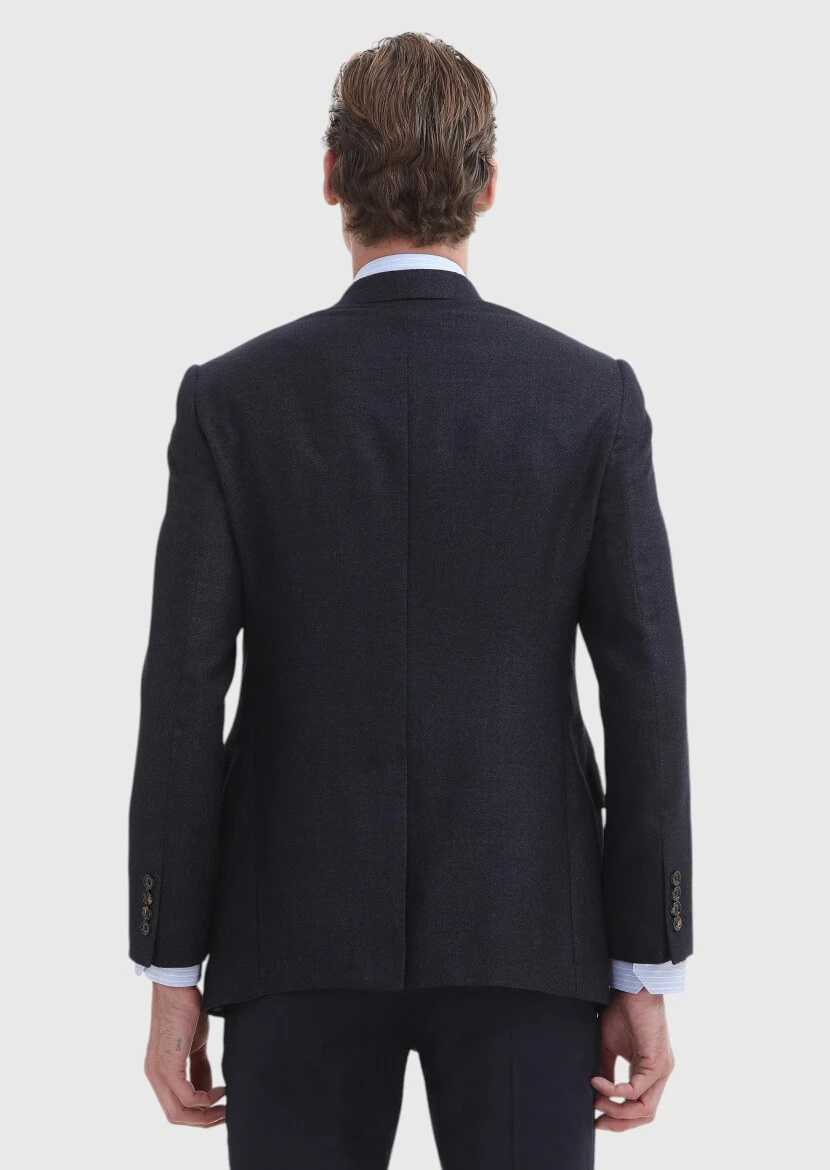 Lacivert Düz Regular Fit İpek Karışımlı Ceket - 5