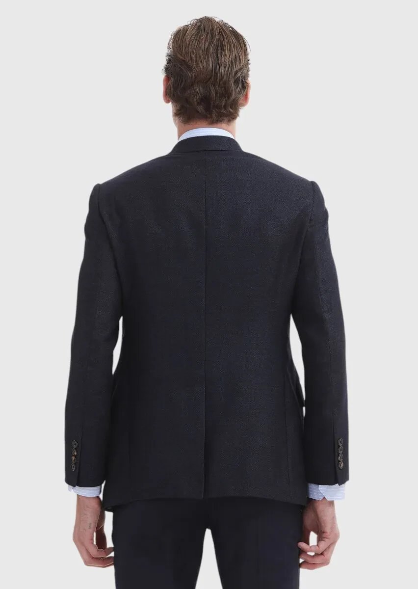 Lacivert Düz Regular Fit İpek Karışımlı Ceket - 5