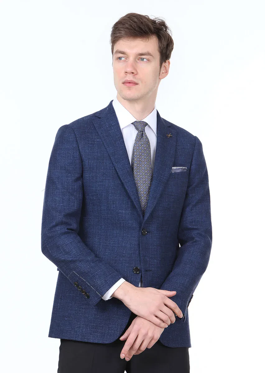 Lacivert Düz Regular Fit Yün Karışımlı Ceket - 2