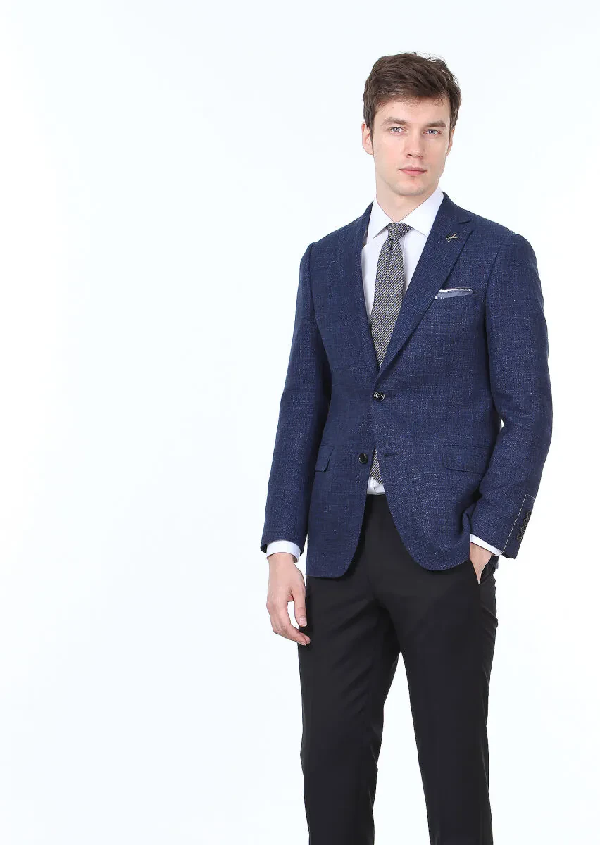 Lacivert Düz Regular Fit Yün Karışımlı Ceket - 3