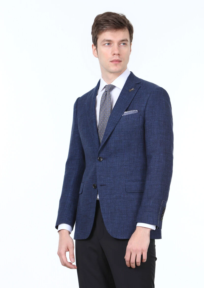 Lacivert Düz Regular Fit Yün Karışımlı Ceket - 4