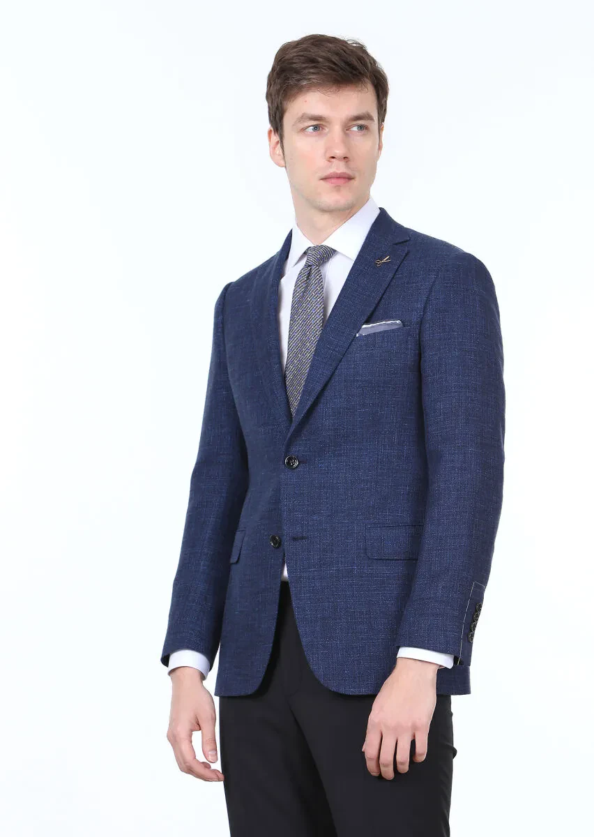 Lacivert Düz Regular Fit Yün Karışımlı Ceket - 4