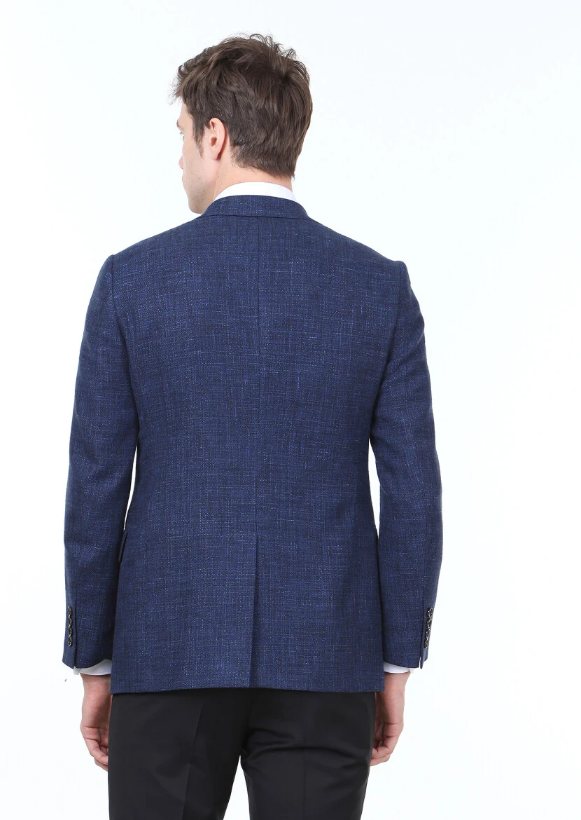 Lacivert Düz Regular Fit Yün Karışımlı Ceket - 5