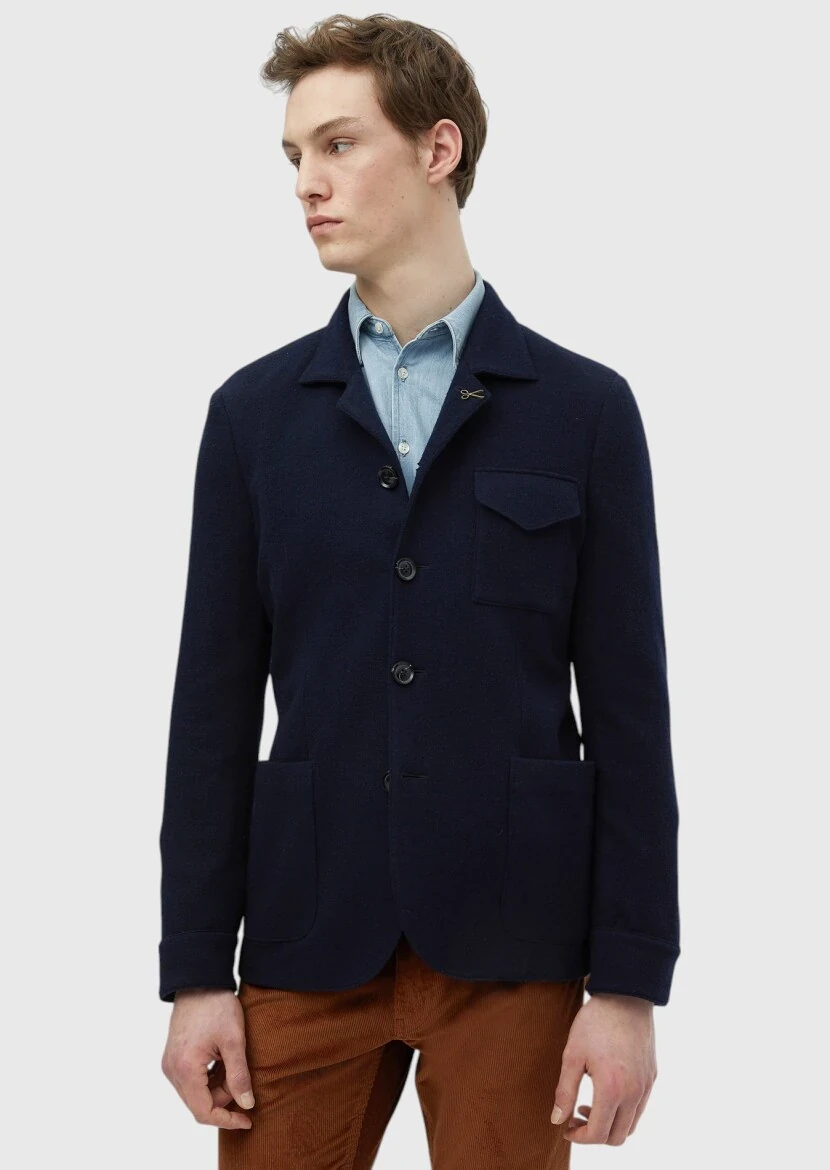 Lacivert Düz Shirt Shoulder Slim Fit %100 Yün Örme Ceket - RAMSEY