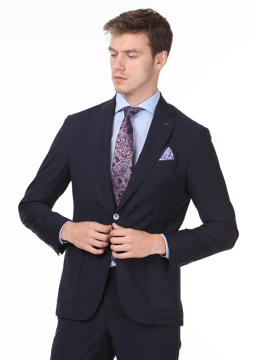 Lacivert Düz Shirt Shoulder Slim Fit %100 Yün Takım Elbise - 2